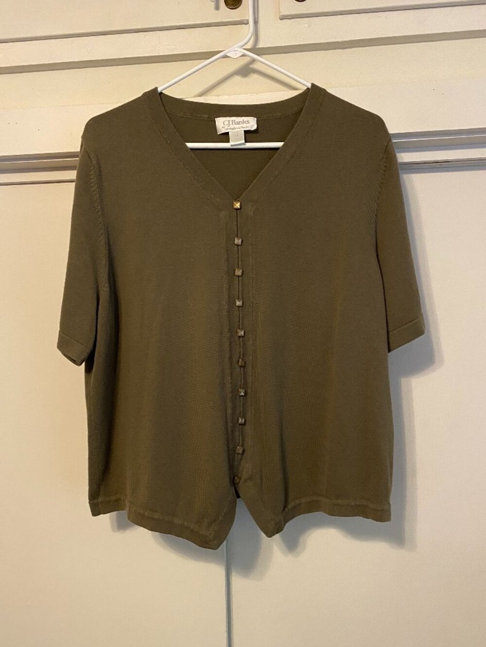 CJ Banks, very unique, vintage, olive-green button-down sweater/top, size 1X